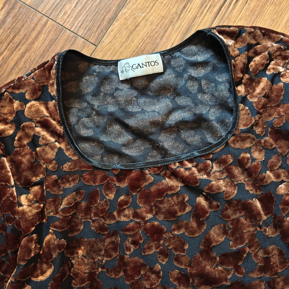 VTG Gantos Sheer Mesh Velour Top Black Chocolate Brown Women's M Scoop Neck 90s - Picture 2 of 5